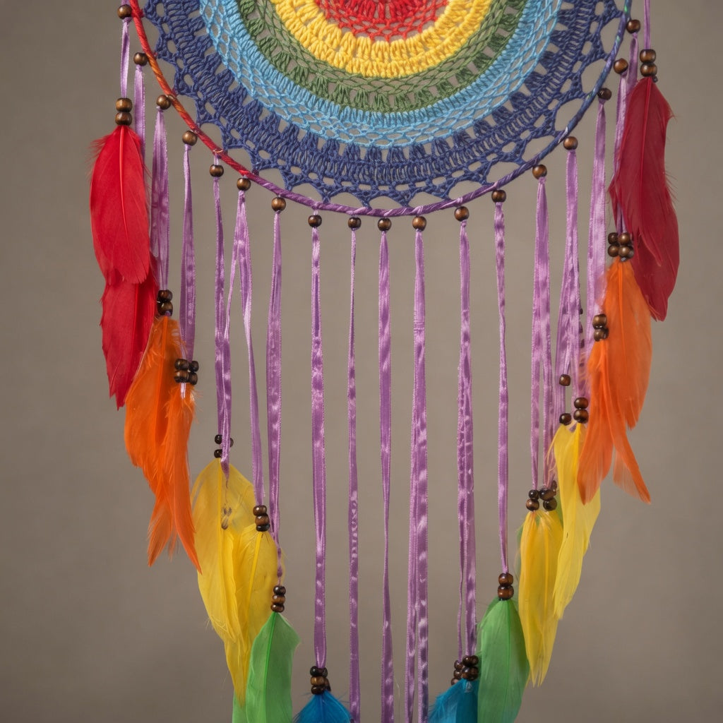 Close-up of rainbow dreamcatcher feathers and wood beads, macrame wall hanging detail with colorfast dyes
