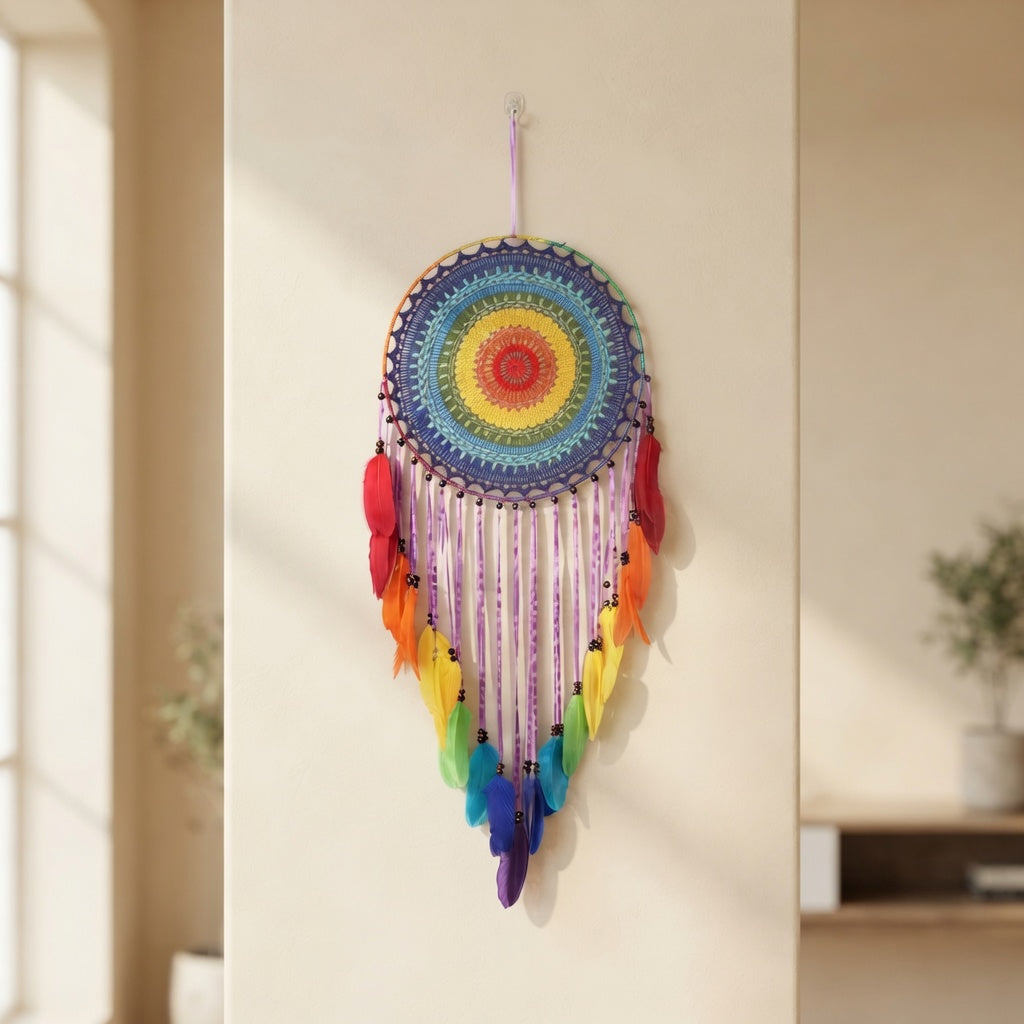 Rainbow dreamcatcher wall hanging on warm cream wall, boho macrame crochet mandala with wood beads and feathers