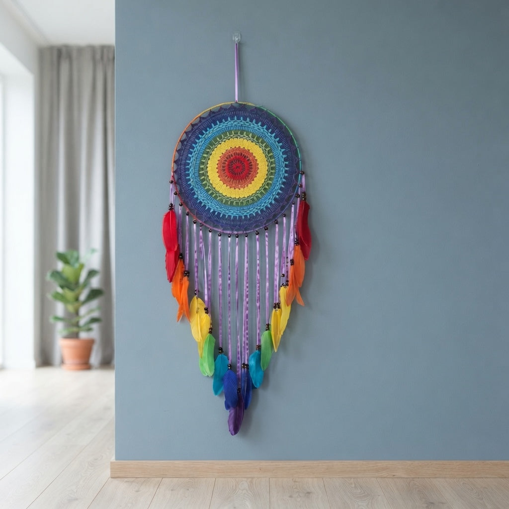 Rainbow dreamcatcher on dusty blue wall, Scandinavian boho bedroom wall decor with crochet mandala and feathers