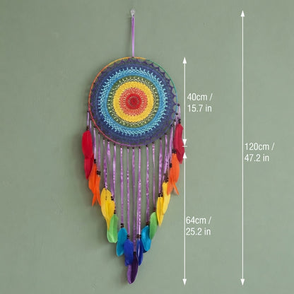 Rainbow dreamcatcher dimensions chart, 40cm crochet mandala 120cm total length boho wall hanging size guide