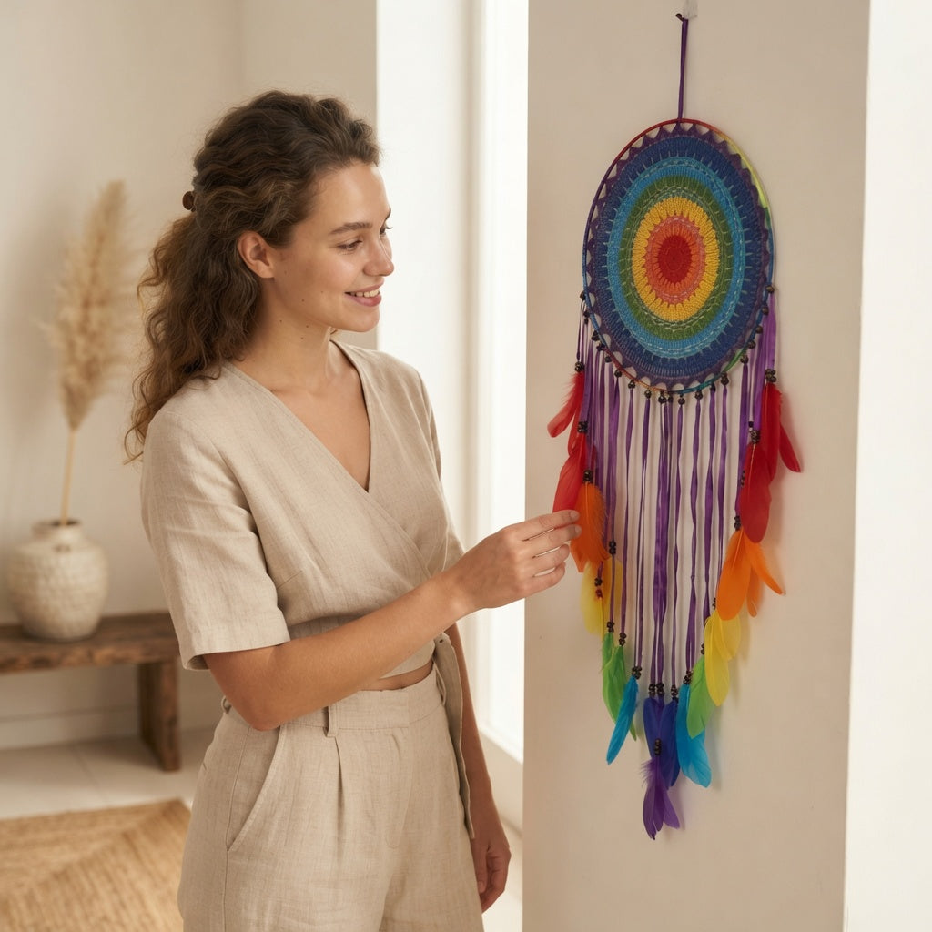 Woman hanging rainbow dreamcatcher wall art, bohemian home decor housewarming gift idea for nursery or bedroom