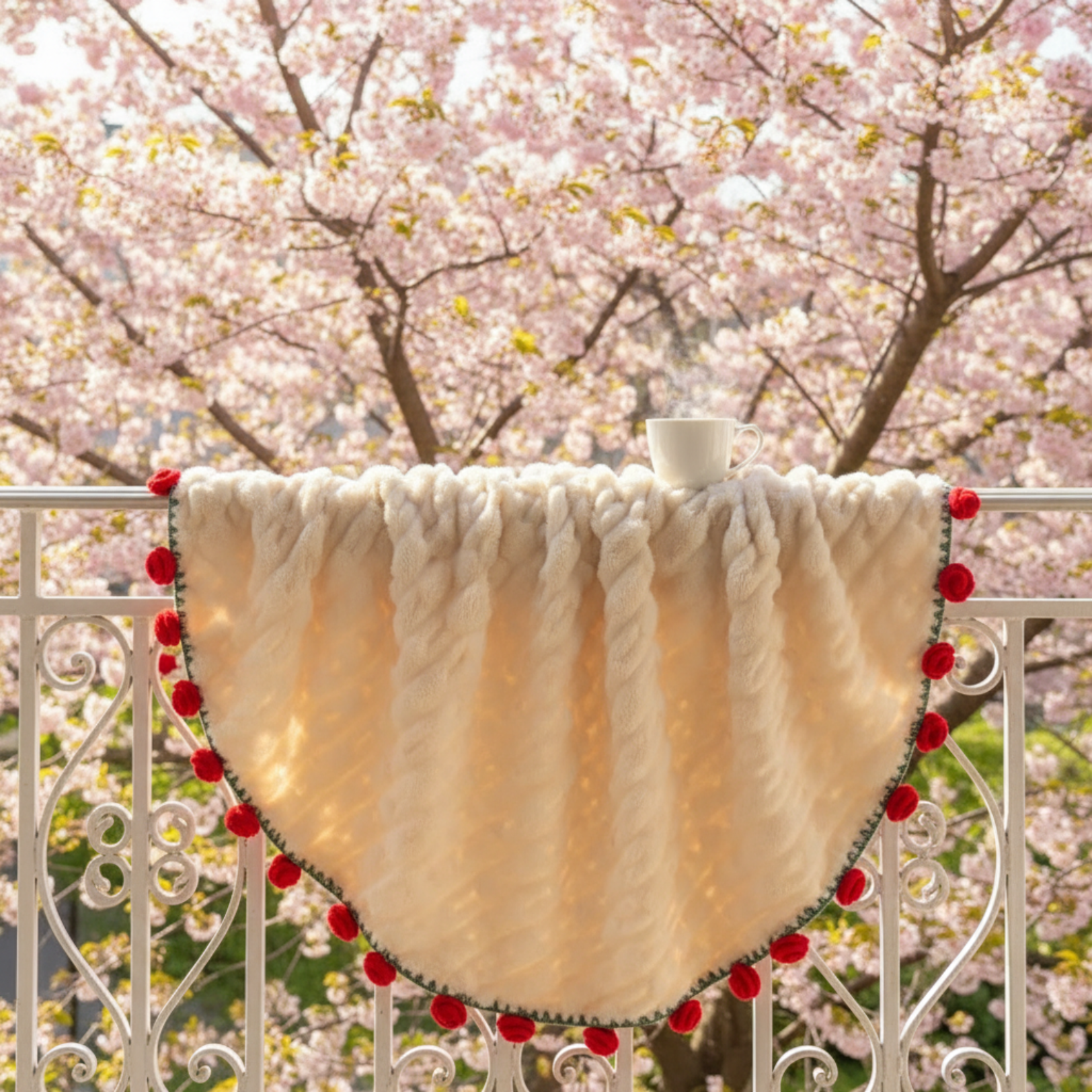 Round rose blanket spread under cherry blossom tree viewed from above — cottagecore decor round throw blanket size reference