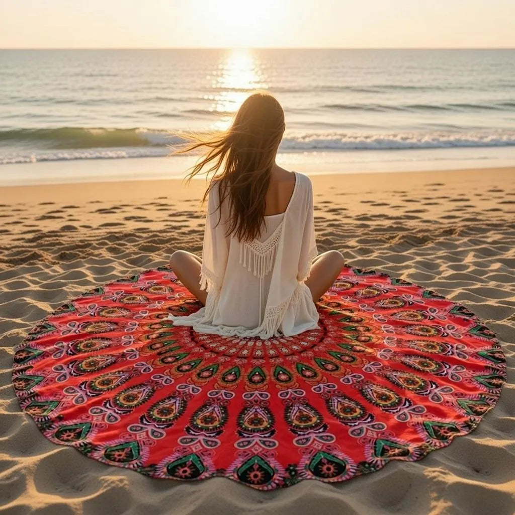 Round mandala tapestry — red base paisley print