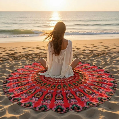 Round mandala tapestry — red base paisley print