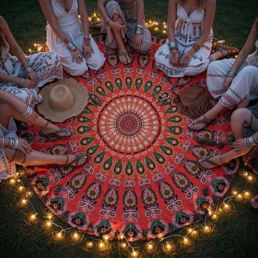 Round mandala tapestry — white base paisley print