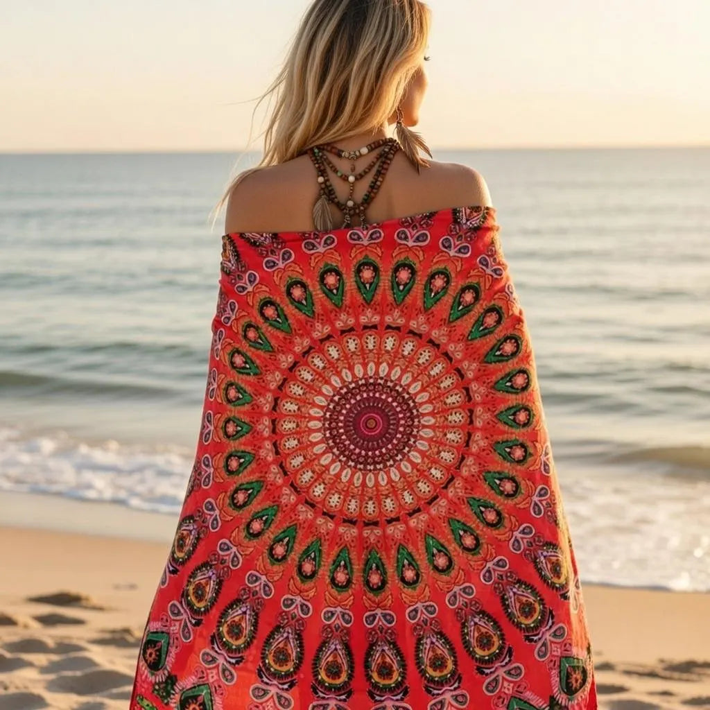Round mandala tapestry used as beach blanket