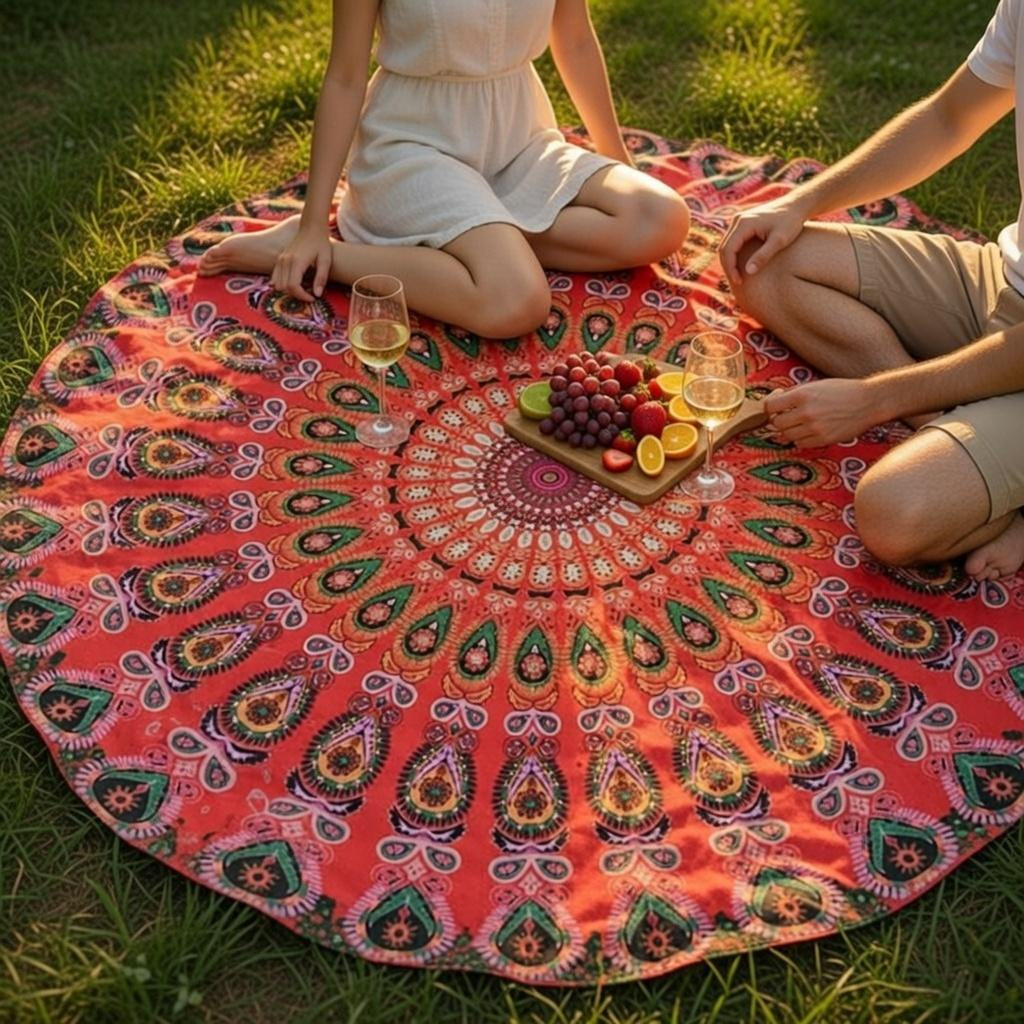 Round mandala tapestry used as picnic blanket
