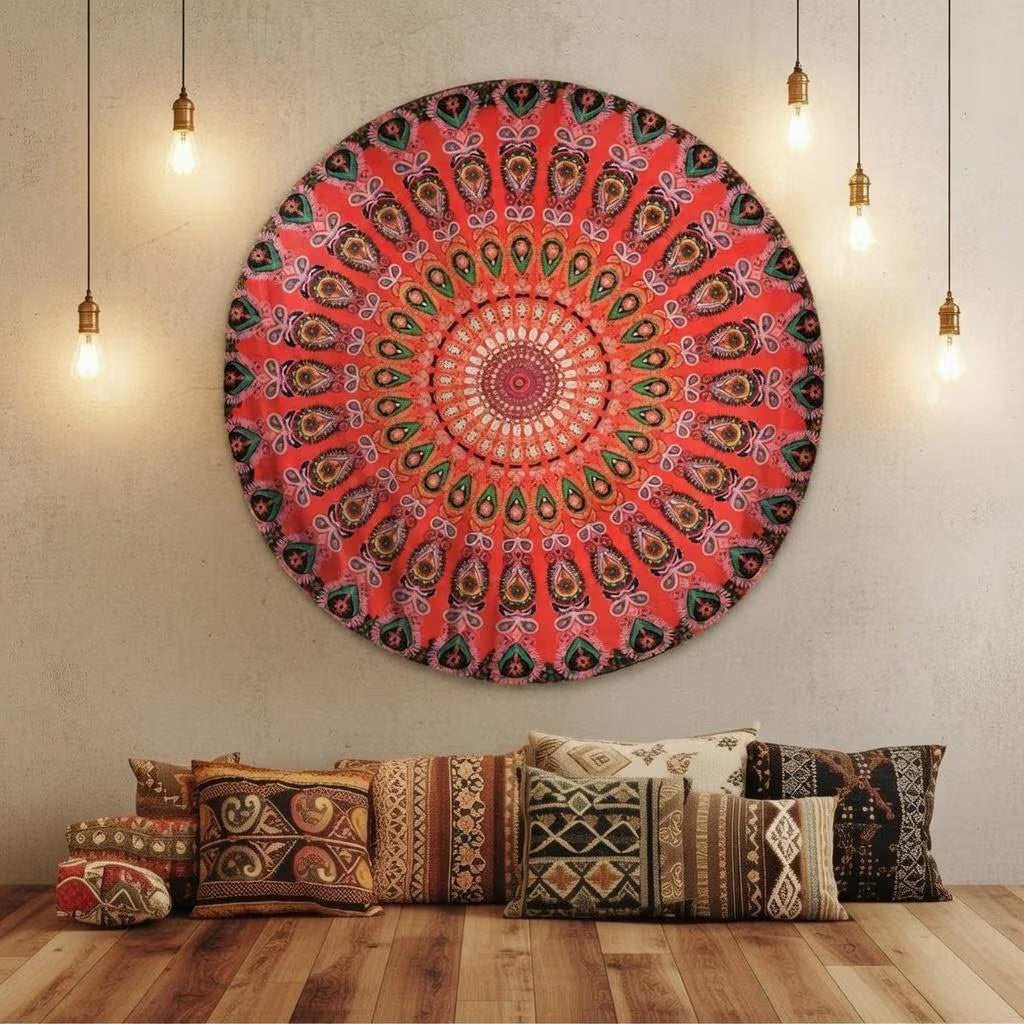 Round mandala tapestry as boho wall hanging