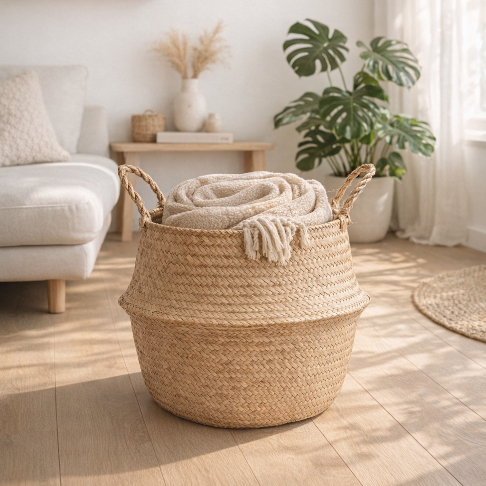 Large seagrass belly basket in living room boho farmhouse storage organizer natural fiber