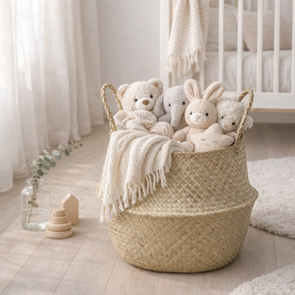 Natural seagrass basket in nursery room baby toy storage boho coastal decor