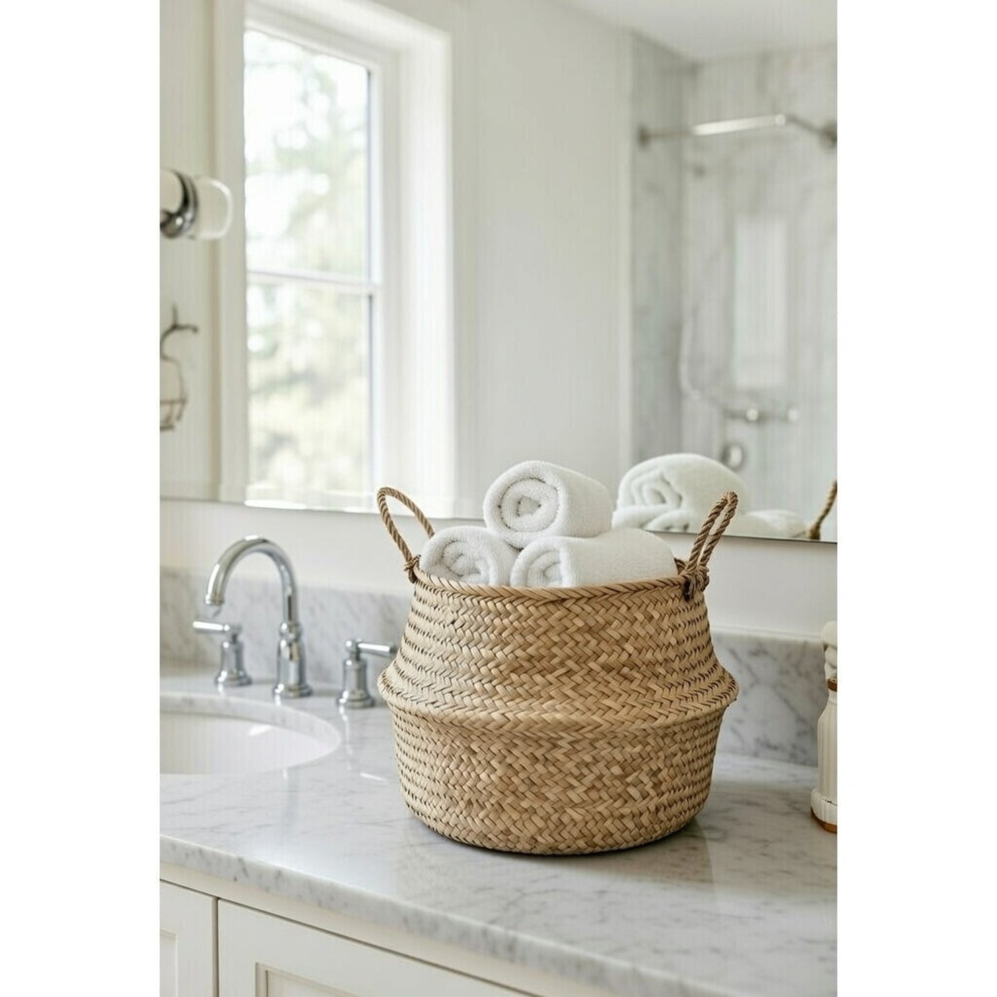 Seagrass belly basket in bathroom storage organizer boho coastal bathroom decor