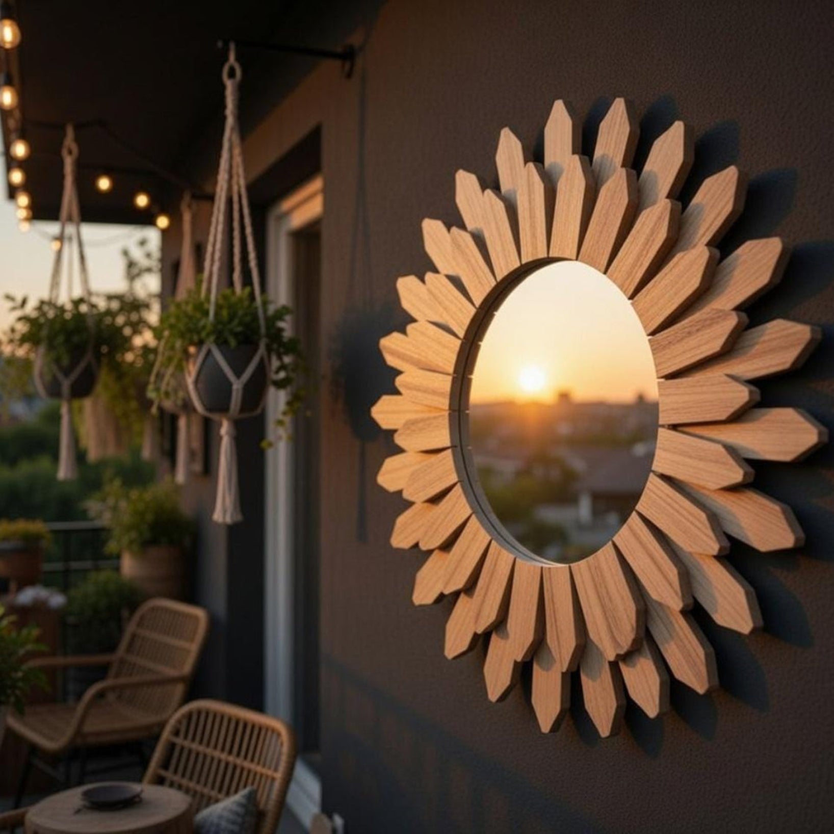 Sunflower wall mirror with wood petal frame in boho living room decor — round farmhouse mirror