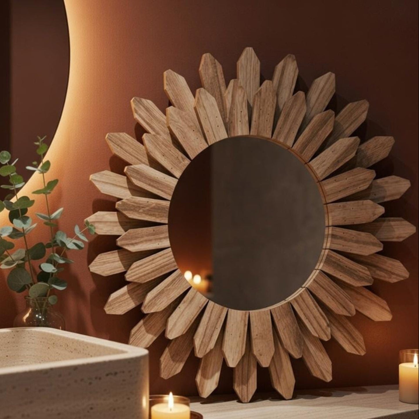 Close-up of sunflower mirror wood petal frame — natural grain detail, boho home decor