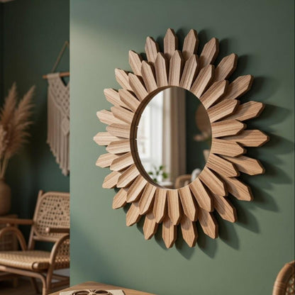 Two sunflower mirrors on sage green wall — round wood frame mirror, farmhouse living room decor