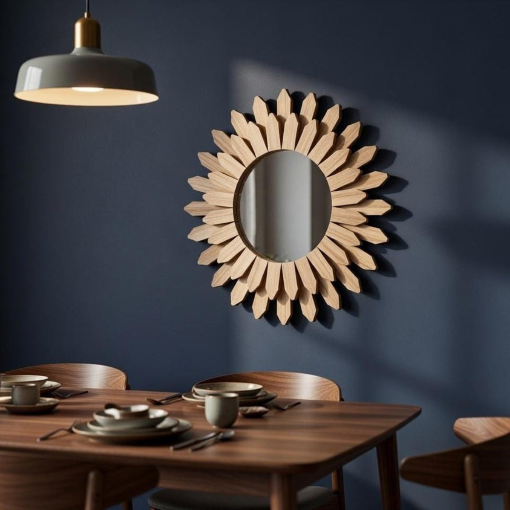Sunflower wall mirror on blue wall — boho farmhouse round wood mirror for bedroom or hallway