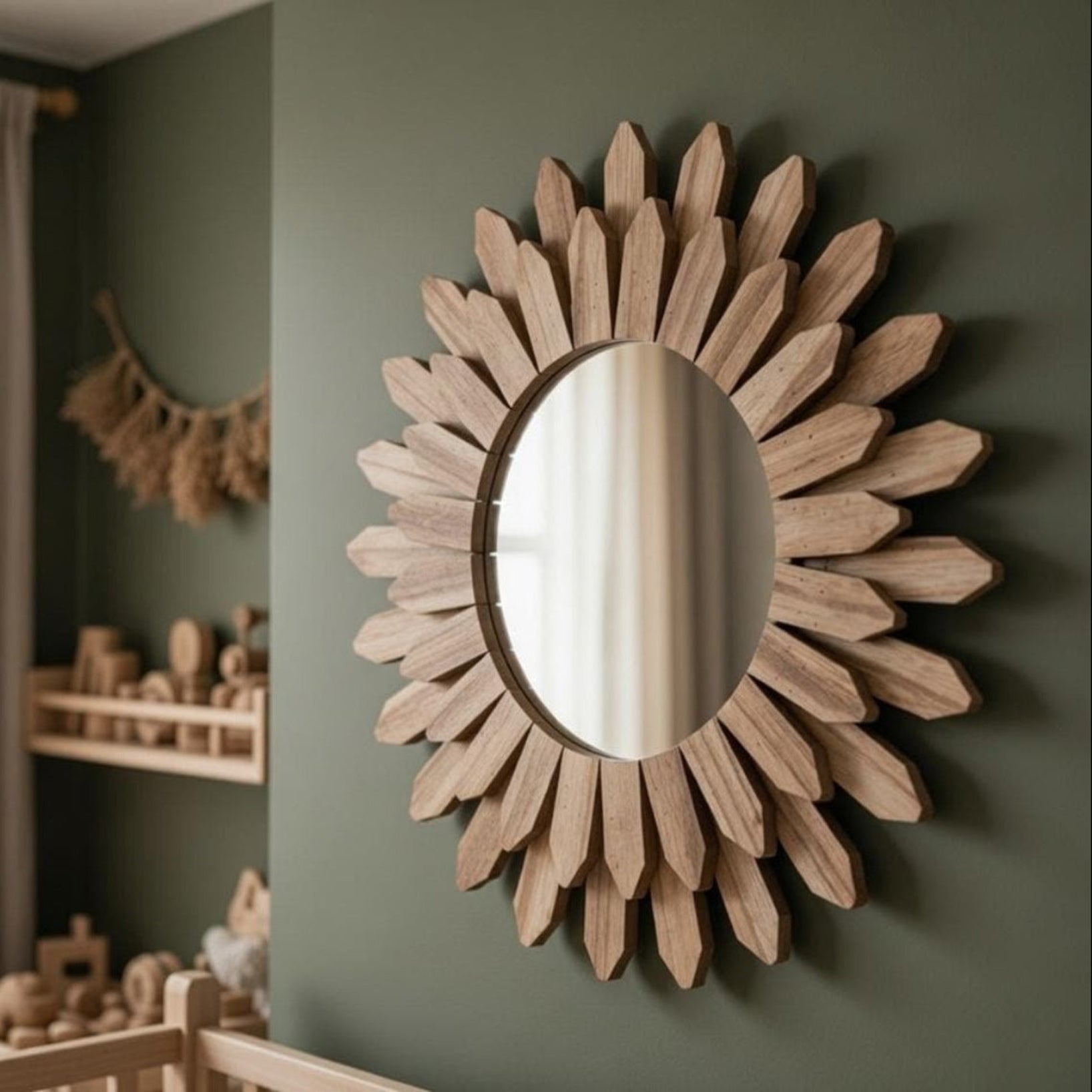 Round sunflower mirror  — wood frame mirror in Scandinavian farmhouse interior