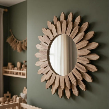 Round sunflower mirror  — wood frame mirror in Scandinavian farmhouse interior