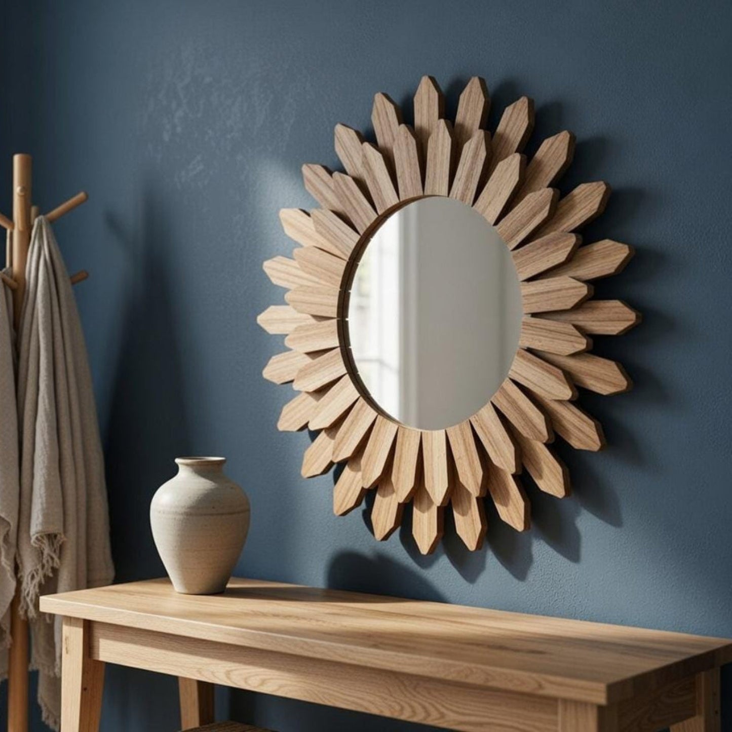 Round sunflower mirror above entryway console — wood frame mirror in Scandinavian farmhouse interior