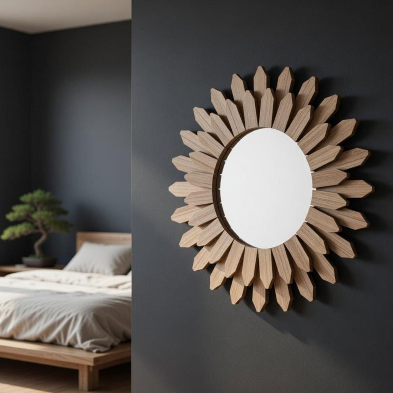 Side angle of sunflower wall mirror showing wood petal depth — natural texture detail, boho decor