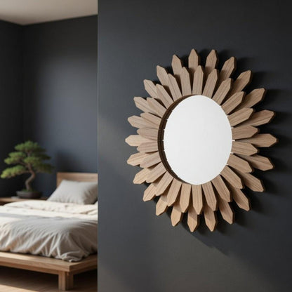 Side angle of sunflower wall mirror showing wood petal depth — natural texture detail, boho decor
