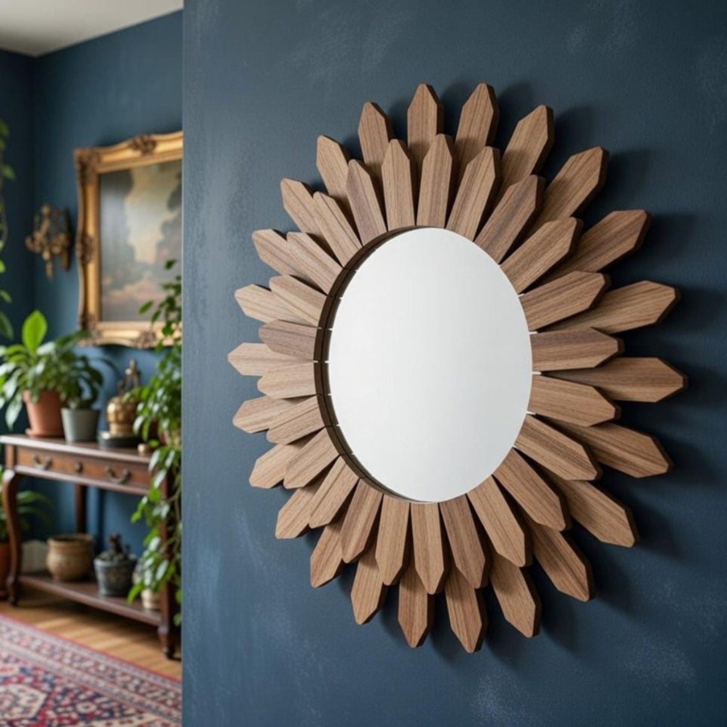 Side angle of sunflower wall mirror showing wood petal depth — natural texture detail, boho decor