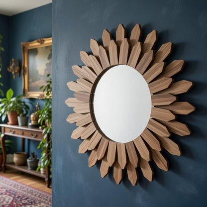 Side angle of sunflower wall mirror showing wood petal depth — natural texture detail, boho decor
