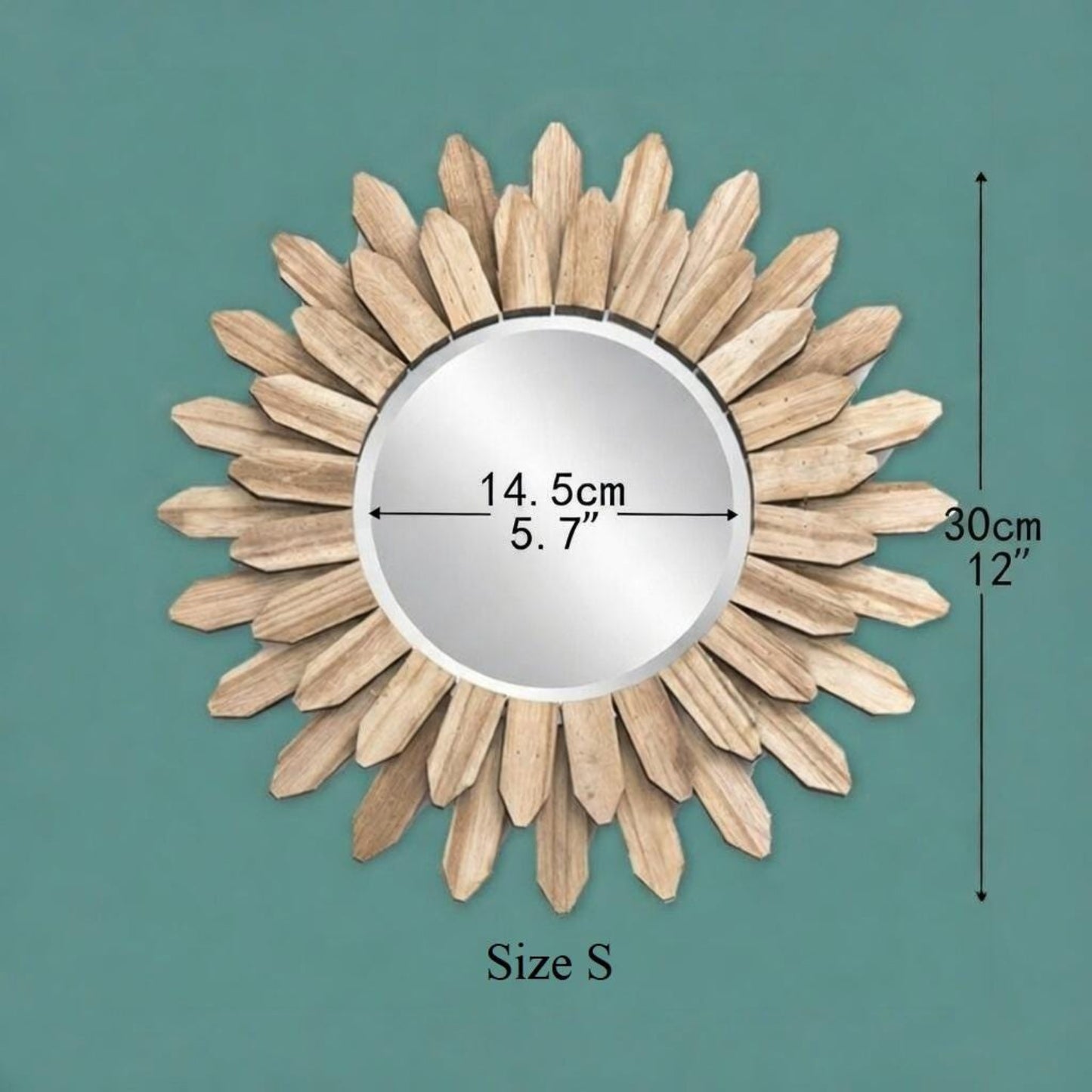 Sunflower mirror size chart — Small 30 cm diameter (12 inch) wood frame mirror dimensions
