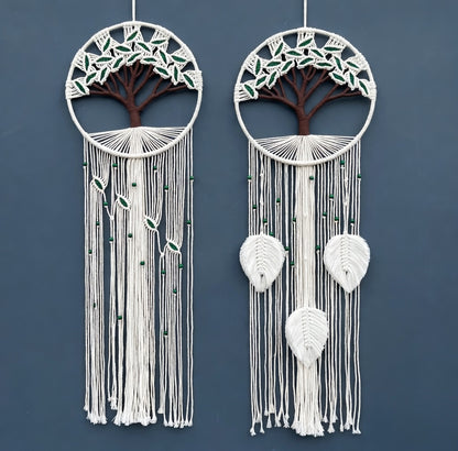 Tree of life macrame wall hanging two variants side by side, white leaf tassels vs green leaves fringe comparison
