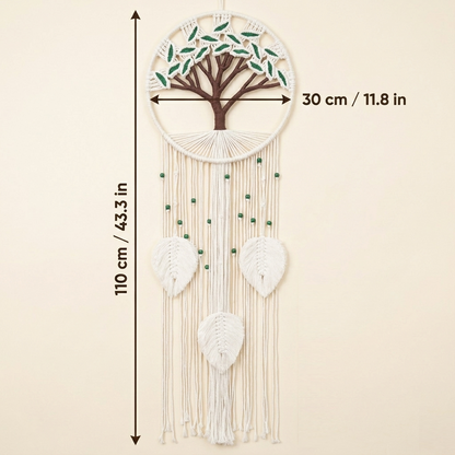 Tree of life macrame wall hanging size guide, hoop diameter 30cm 11.8in total length 110cm 43.3in, cotton rope art