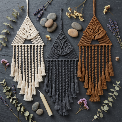 Three triangle macrame dreamcatchers in cream, gray, and brown — flat lay with dried lavender eucalyptus and stones — boho wall art