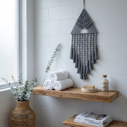 Gray triangle macrame wall hanging in boho bathroom above wooden shelf with towels and eucalyptus — cotton tassel decor