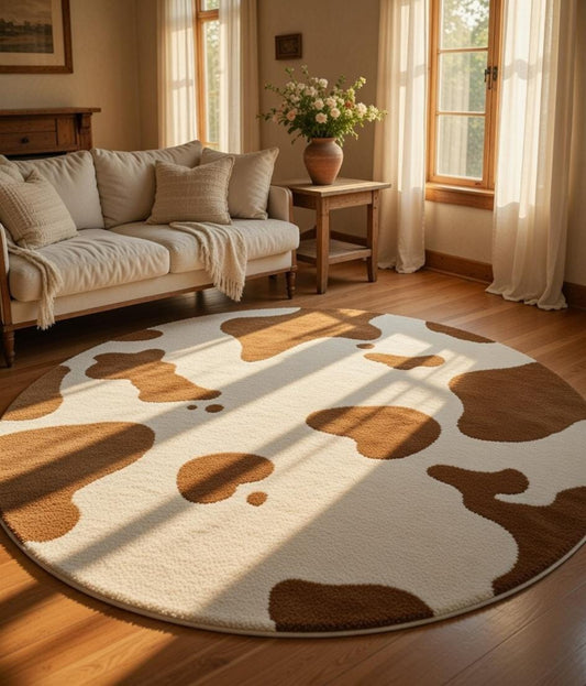 Washable cow print rug — round faux cowhide carpet in cream and caramel, main view