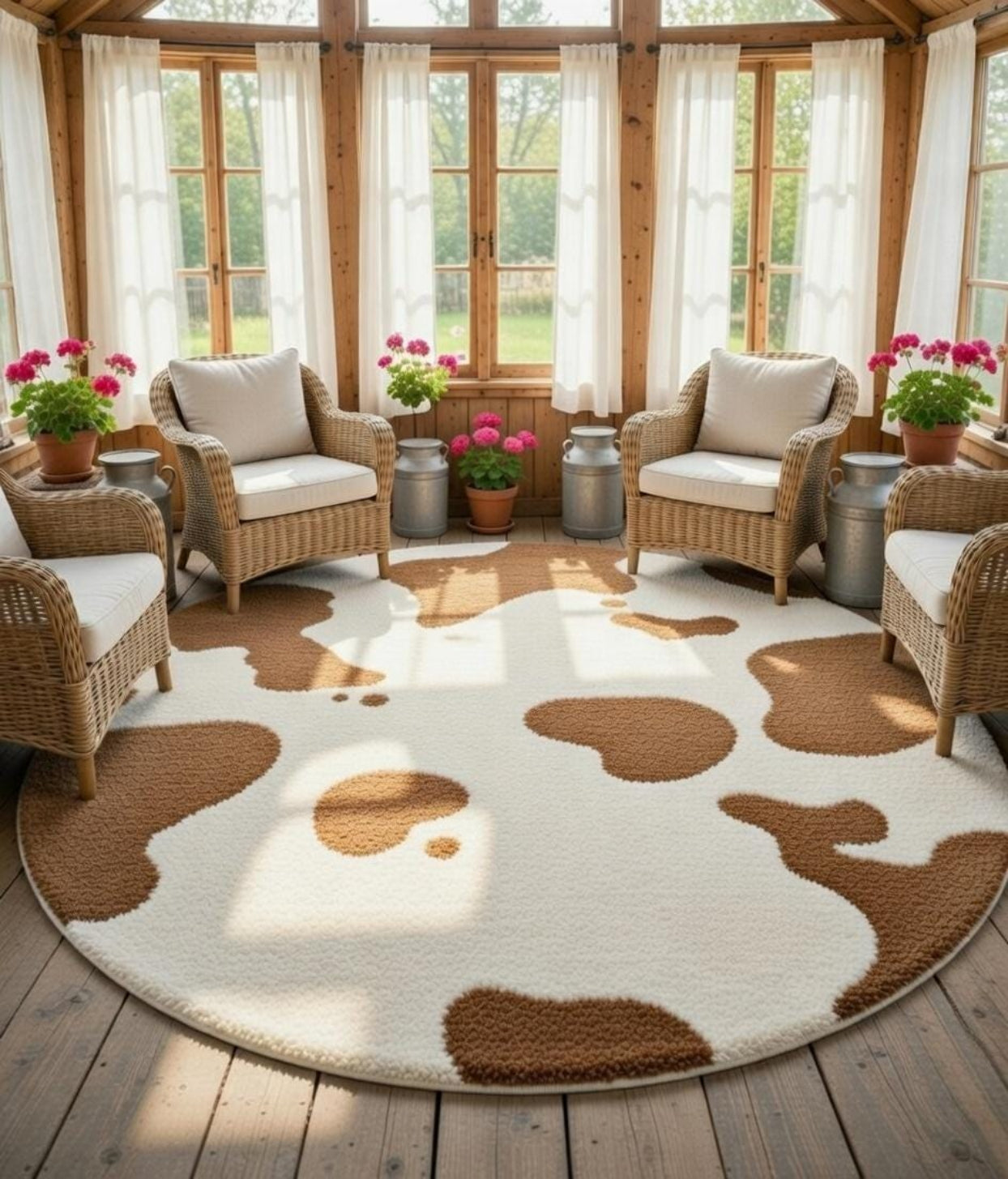 Washable cow print rug styled in farmhouse bedroom