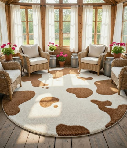Washable cow print rug styled in farmhouse bedroom