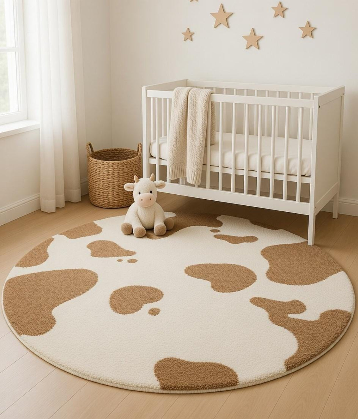 Washable cow print rug — caramel spot pattern detail