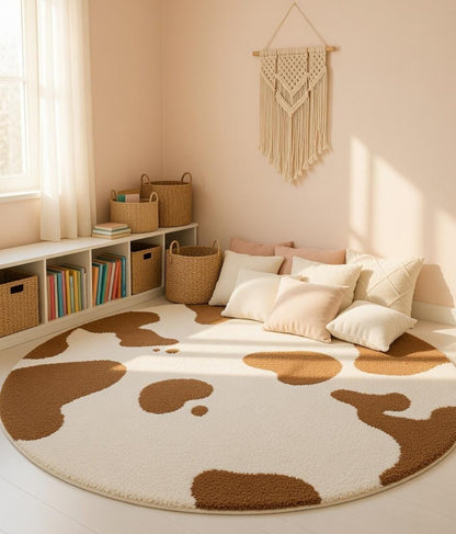 Washable cow print rug as nursery accent