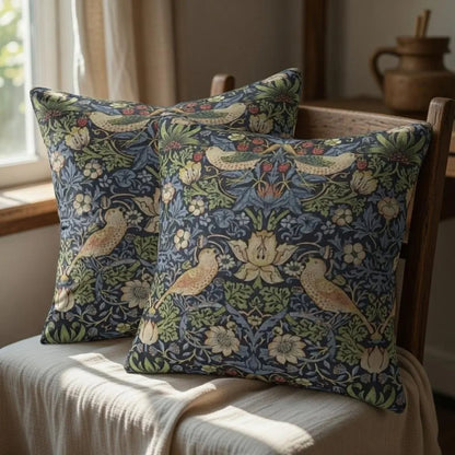 Two navy William Morris Strawberry Thief style pillow covers with birds and flowers on a cream chair