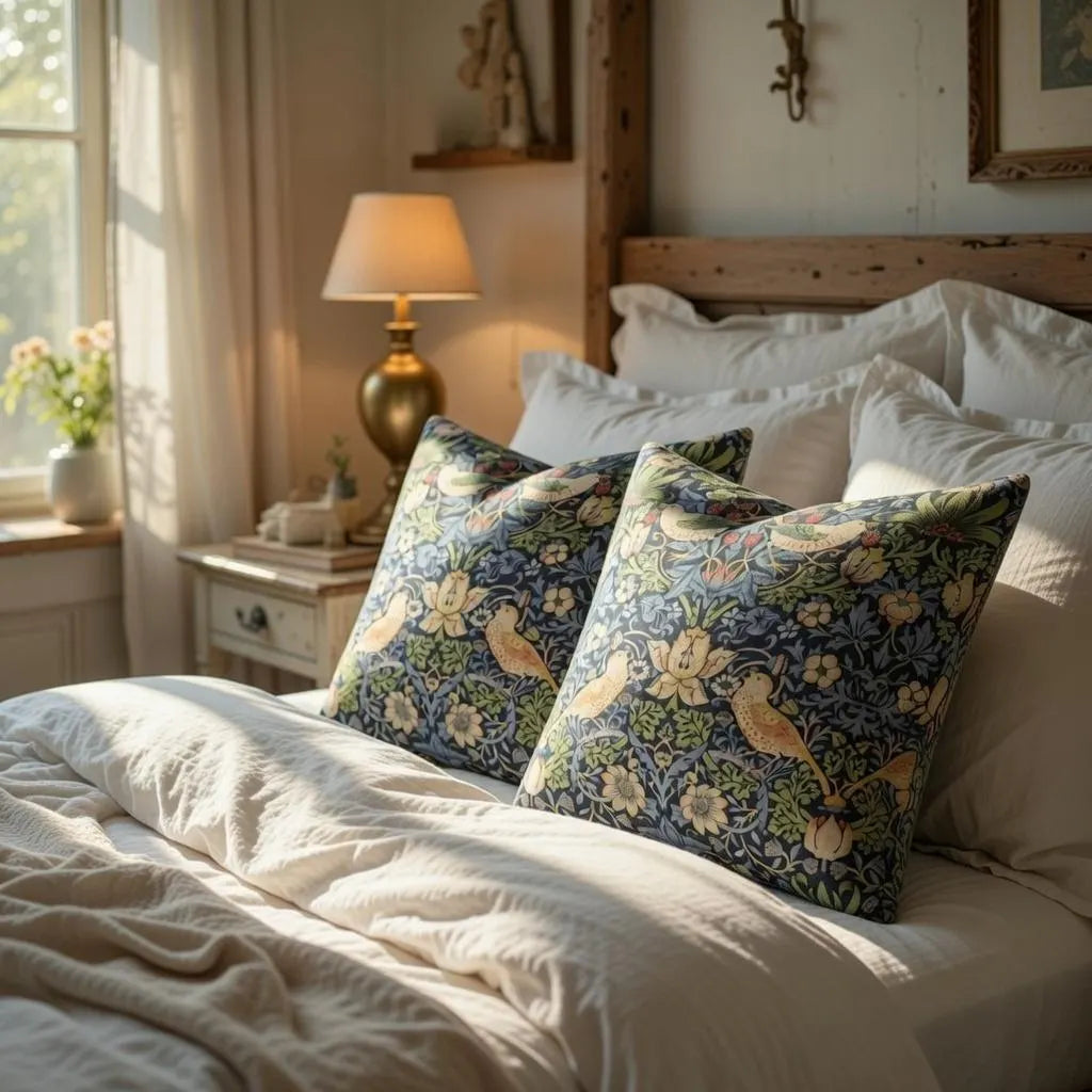 Pair of navy botanical bird print pillow covers on a bed with white linen and a brass lamp