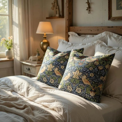 Pair of navy botanical bird print pillow covers on a bed with white linen and a brass lamp