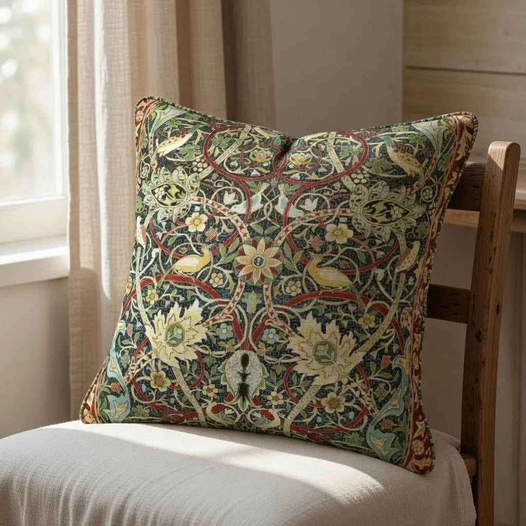 Sage green William Morris style pillow cover with birds and leaves on a wooden chair