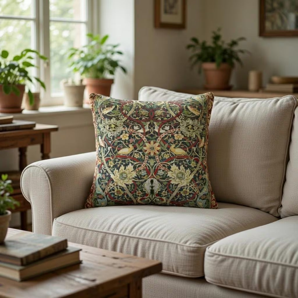 Green cottagecore floral cushion cover on a cream sofa with potted plants on the windowsill