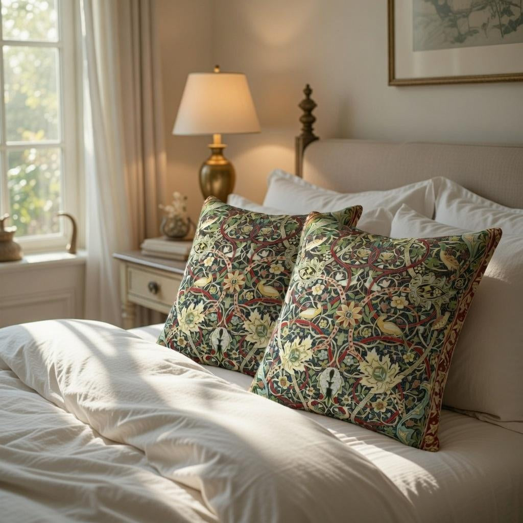 Two green William Morris bird and floral pillow covers on a bed in warm lamplight