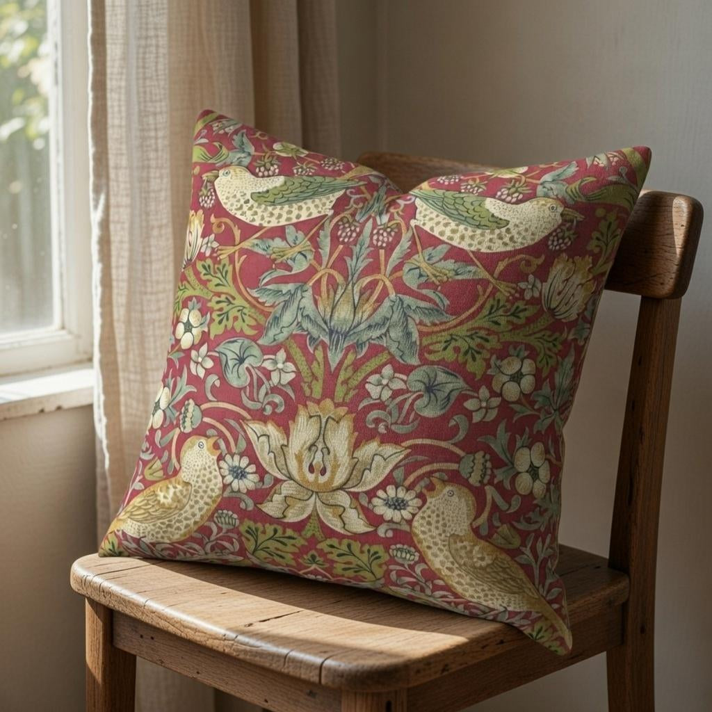 Red William Morris Strawberry Thief style pillow cover on a wooden chair by a window