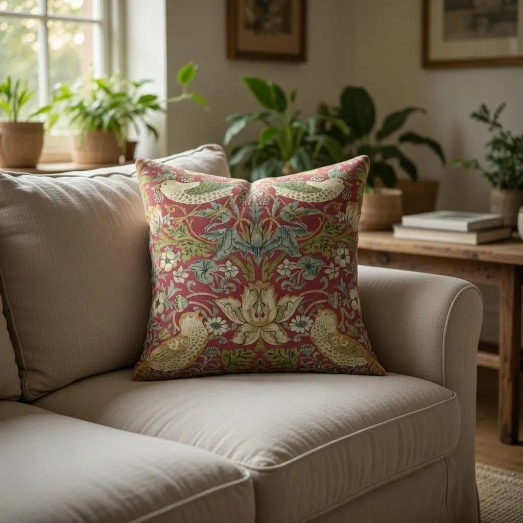 Red botanical bird print cushion cover on a cream sofa in a cottage living room