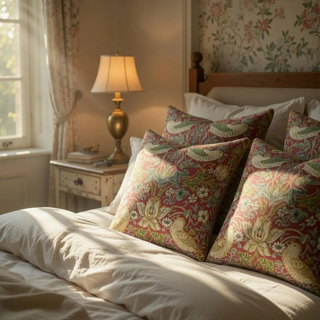 Several red William Morris floral pillow covers on a bed with a brass lamp and floral wallpaper