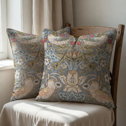 Two blue-grey William Morris style pillow covers with birds and flowers on a cream armchair