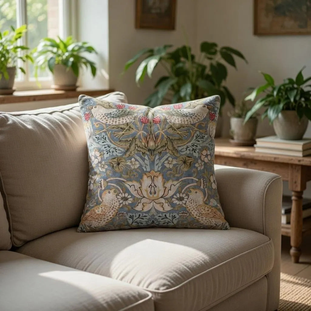 Blue-grey cottagecore floral cushion cover on a cream sofa with houseplants