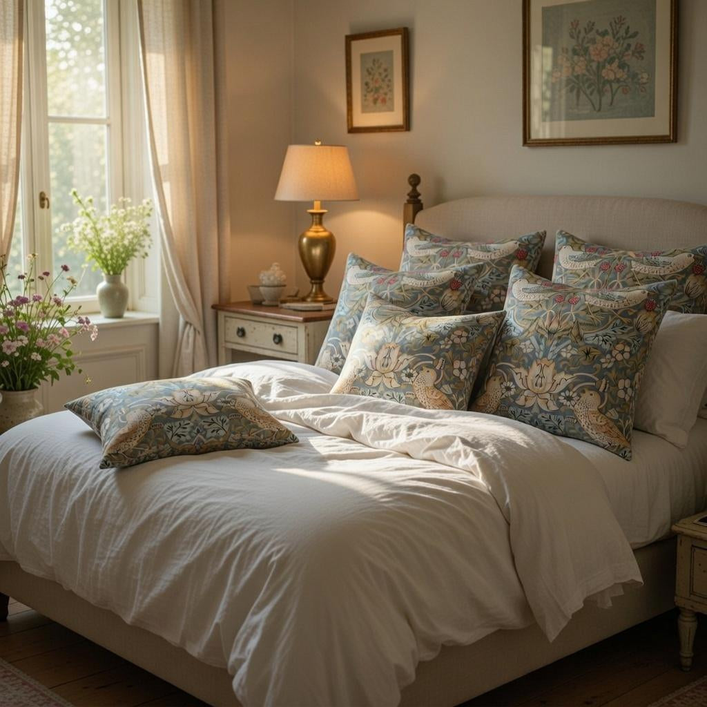Blue-grey William Morris floral pillow covers arranged on a bed in a bright cottage bedroom