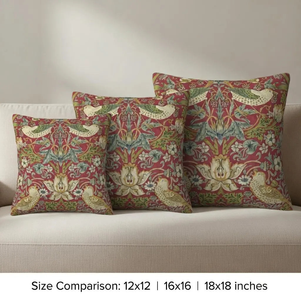Size comparison of red William Morris pillow covers: 12x12, 16x16 and 18x18 in (30, 40 and 45 cm)